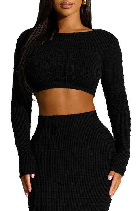 Women's Solid Rib Knit Lace Deco Neck Long Sleeve Fitted Crop Top T Shirt  XS(2) 