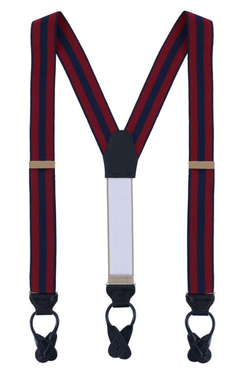 VTG stripe Brooks brothers red and navy blue suspenders leather straps  braces 