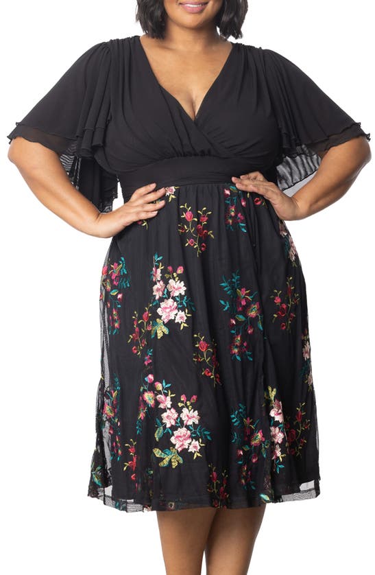 Shop Kiyonna Lillian Embroidered Flutter Sleeve Cocktail Dress In Onyx