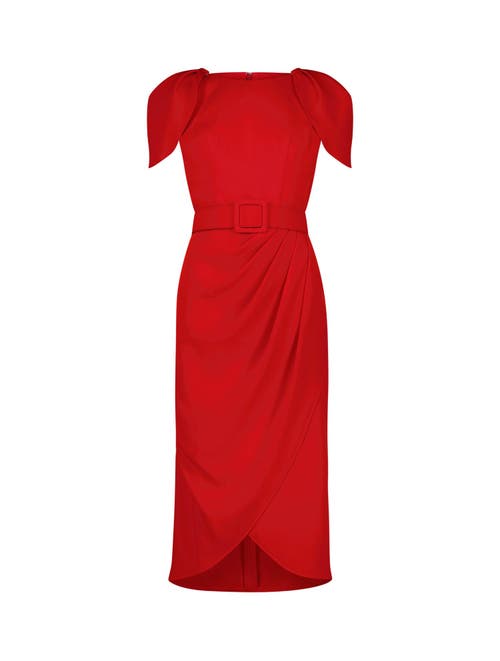 Mac Duggal Crepe High Neck Midi Tulip Dress With Belt In Cherry