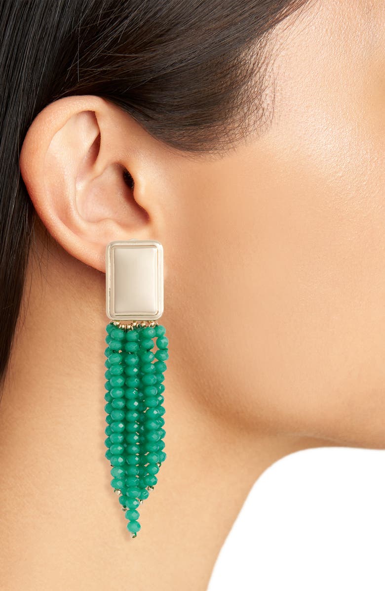 OPEN EDIT Beaded Fringe Clip Earrings, Main, color, GREEN- GOLD