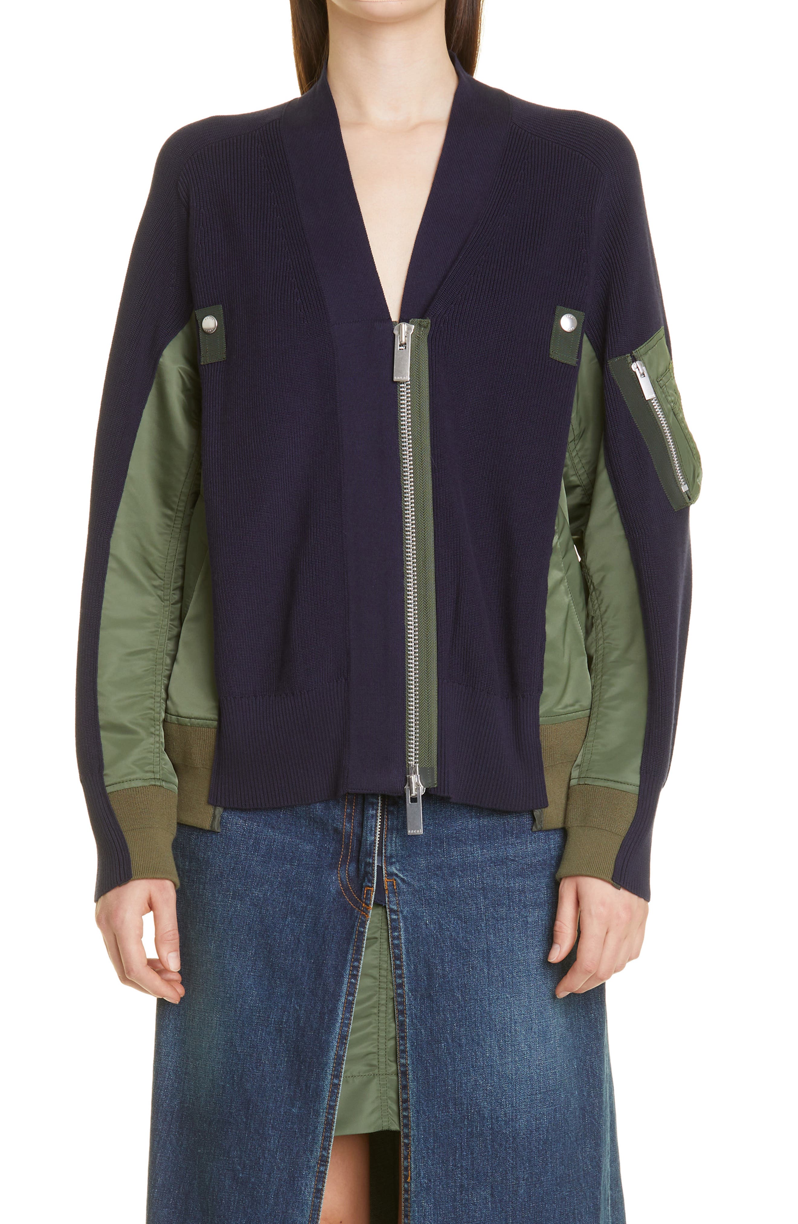 Sacai Hybrid Cotton & Nylon MA-1 Sweater Jacket in Navy at Nordstrom, Size 2