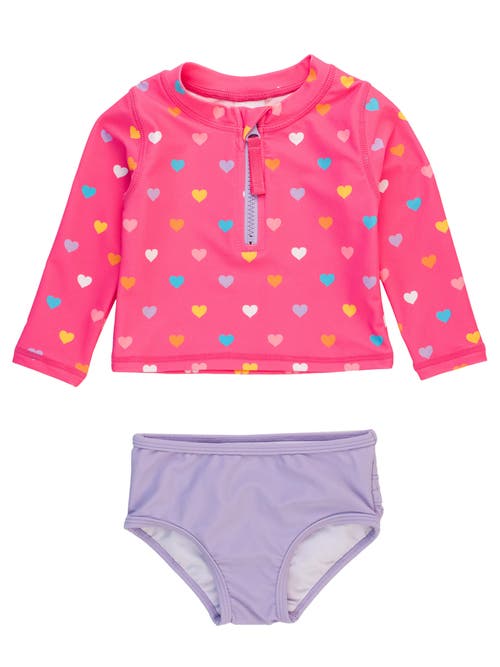 RuffleButts Toddler Girls UPF50+ Long Sleeve Zipper Rash Guard 2-Piece in Colorful Hearts 