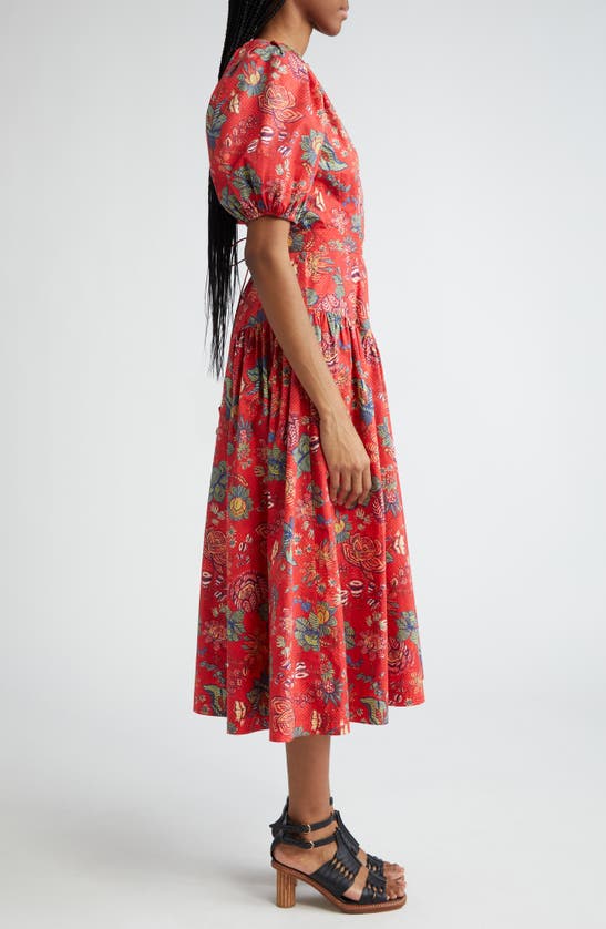 Shop Ulla Johnson Carina Print Puff Sleeve Midi Dress In Hibiscus