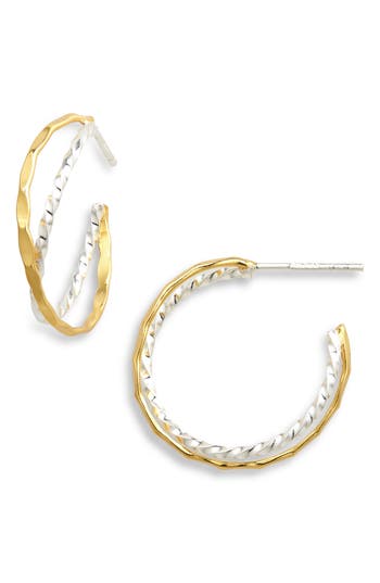 Argento Vivo Sterling Silver Two-tone Crisscross Textured Hoop Earrings In Gold