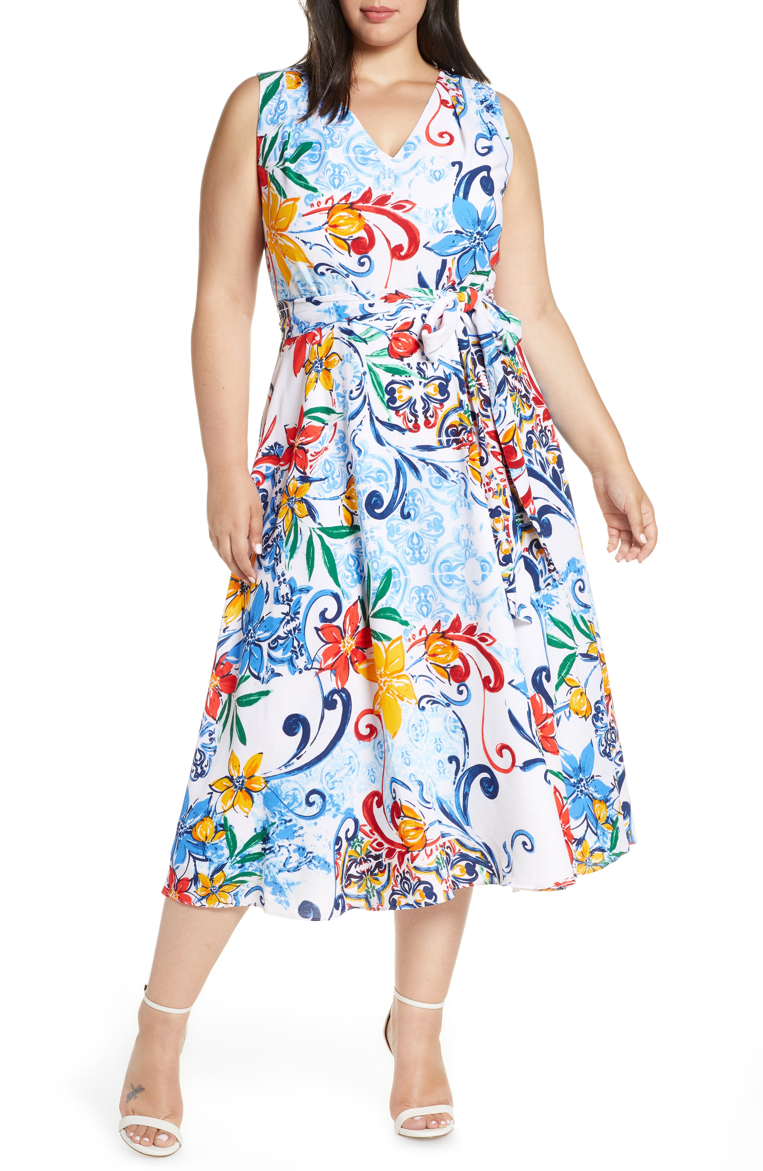 Plus Size Tahari Sleeveless Tie Waist Fit & Flare Midi Dress, White