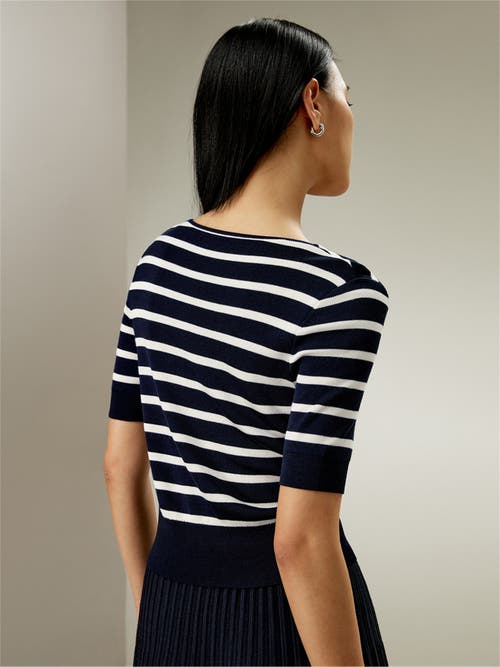 Lilysilk Silk Striped Cropped Knit Top In Navy Blue And White Stripes
