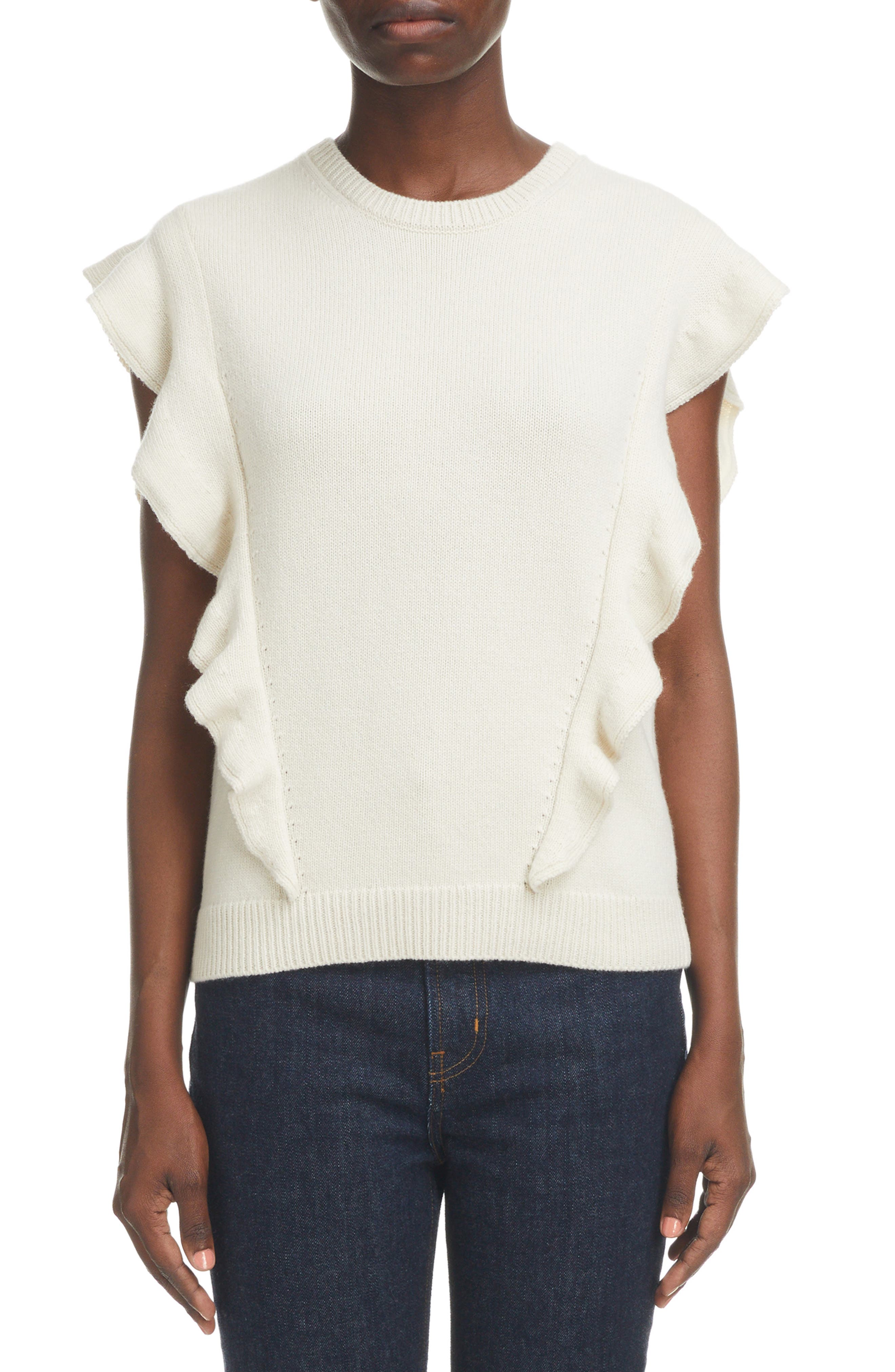 Chloe Ruffle Cashmere Sweater in White Powder at Nordstrom