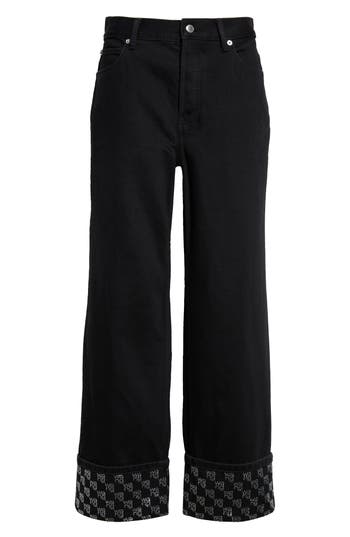 Alexander Wang Crystal Logo Check Cuff Straight Leg Jeans In Washed Black