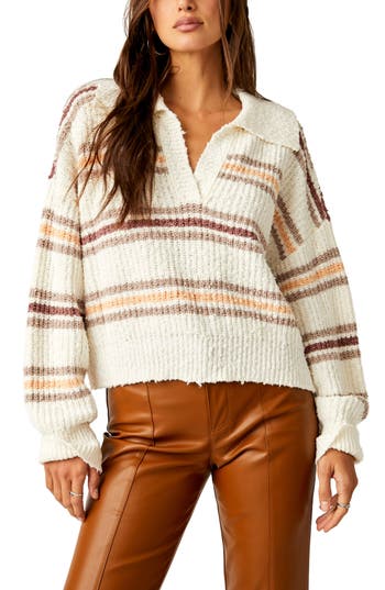 Free People Kennedy Long Sleeve Collared Pullover Sweater In Cream In Ivory Oak Combo