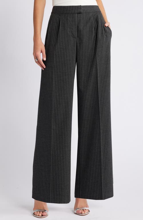 Open Edit Pleated Wide Leg Pants In Grey Dark Charcoal Stripe