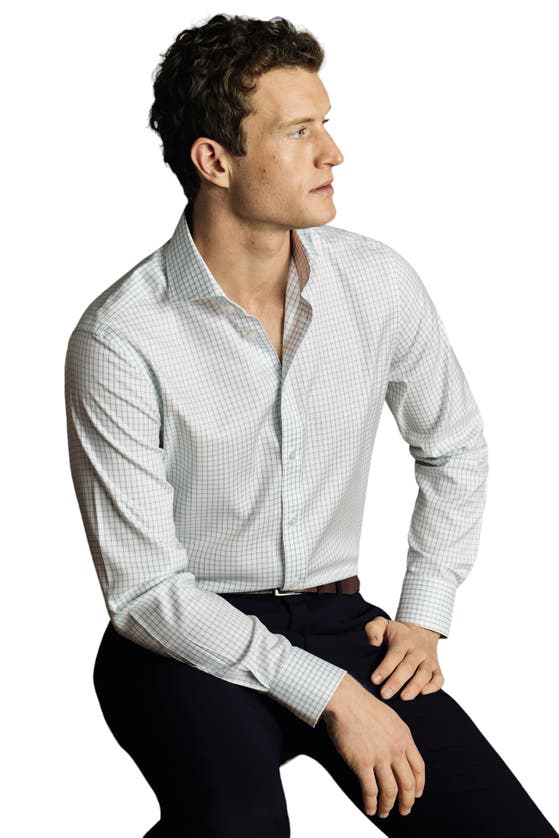 Charles Tyrwhitt Check Non-iron Twill Cutaway Slim Fit Shirt Single Cuff In Atlantic Green