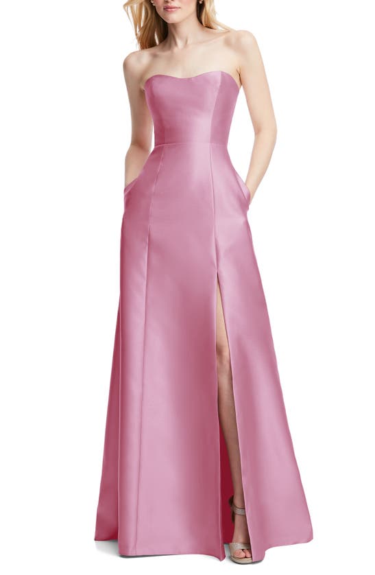 Alfred Sung Strapless Satin A-line Gown In Pink