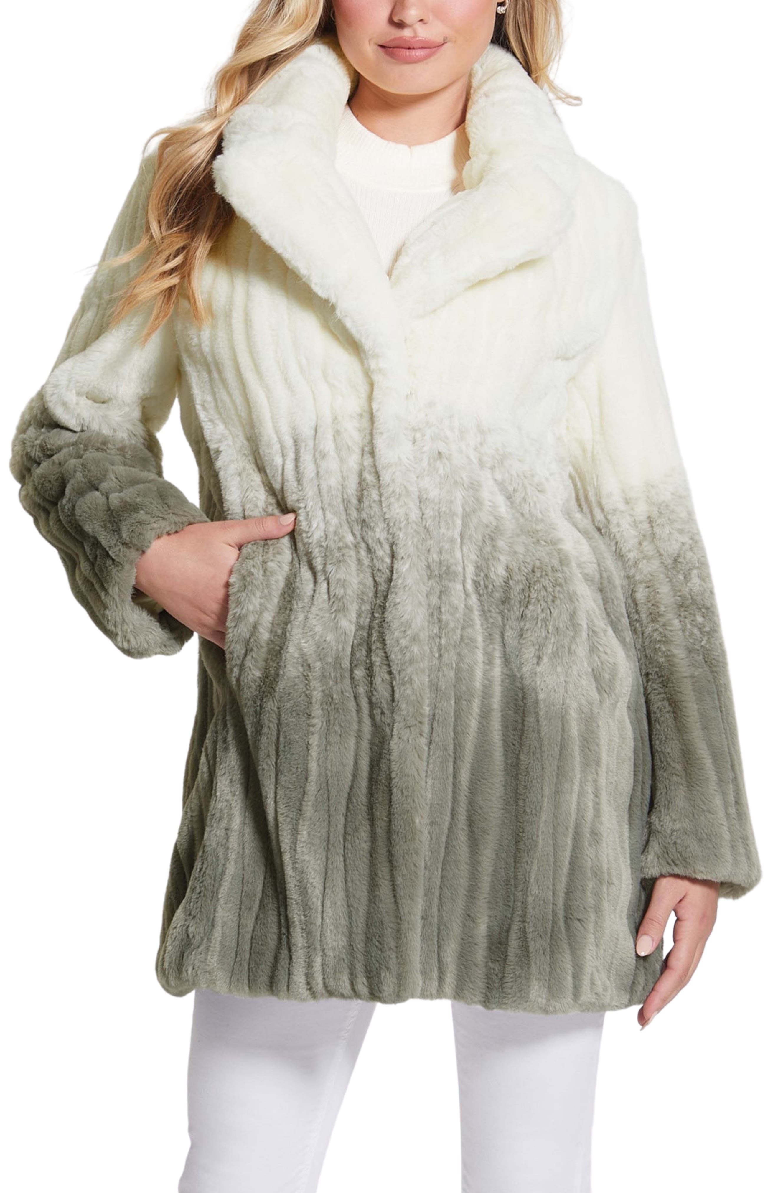 Faux Fur Hooded Wool-Blend Flare Coat in White
