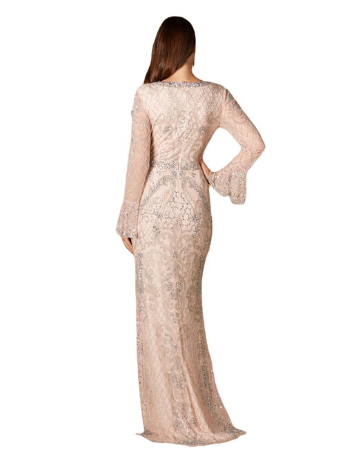 Lara New York Long Bell Sleeve V-neck Beaded Gown In Blush