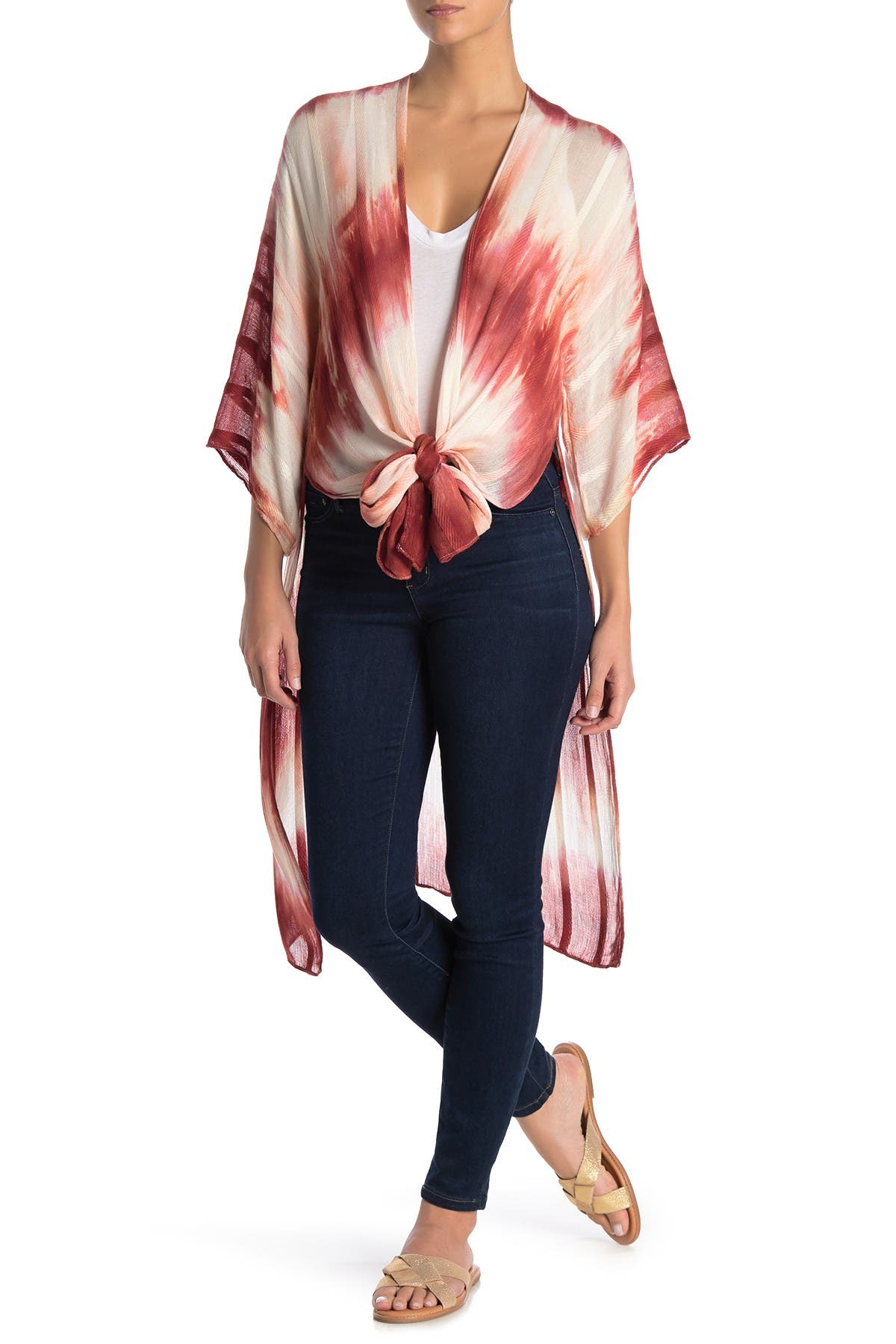 Melrose And Market Tie Dye 3/4 Sleeve Ruana Duster In Red Combo