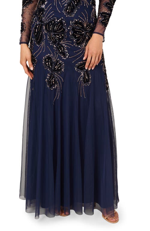 Shop Adrianna Papell Beaded Mesh Long Sleeve Velvet Godet Gown In Light Navy