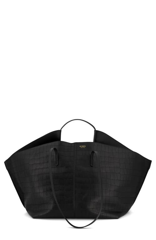 Large Ann Soft Croc Embossed Leather Tote in Black