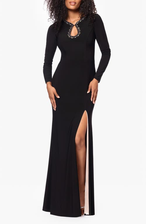 Xscape Evenings Beaded Keyhole Neck Long Sleeve Body-con Gown In Black/nude/silver