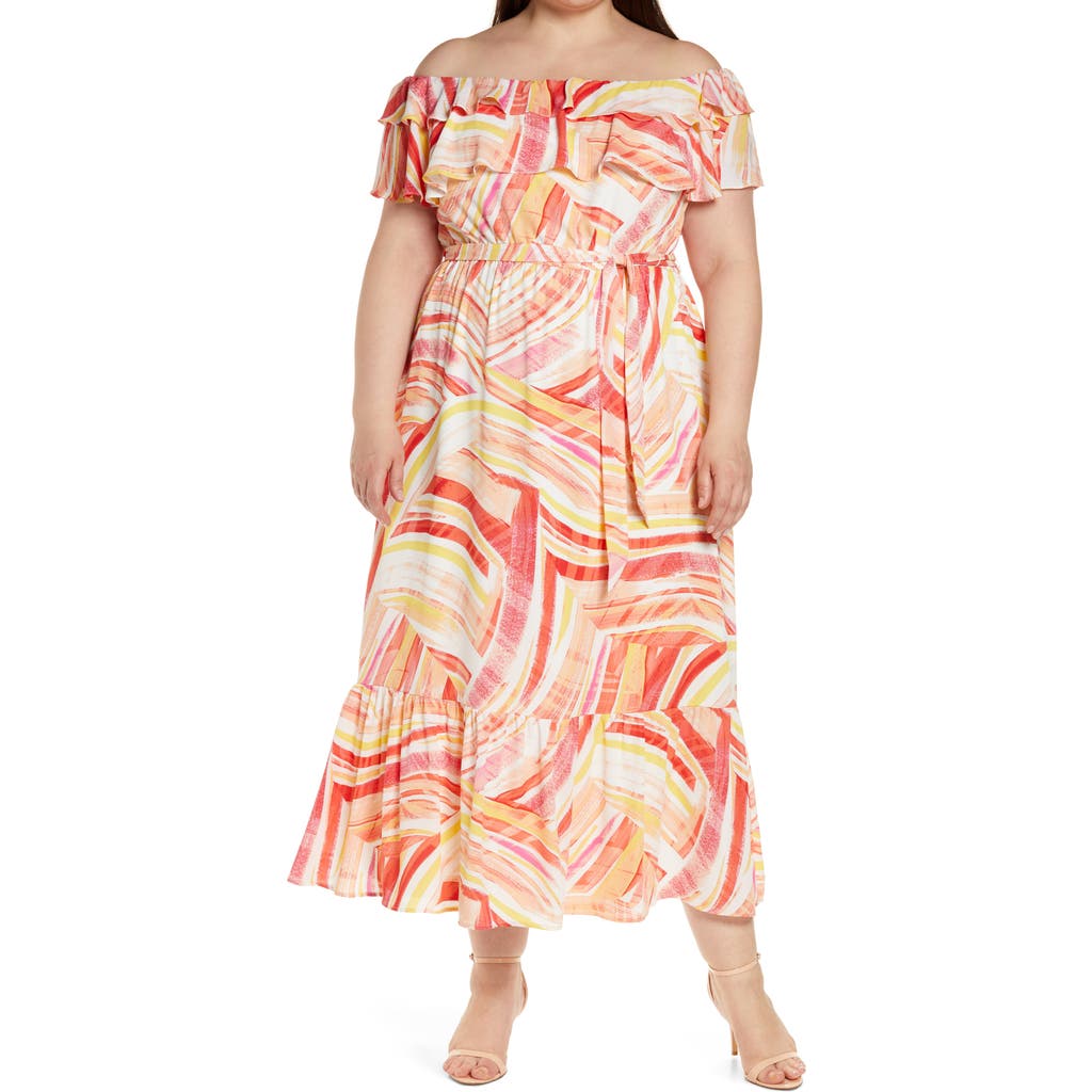 Donna Morgan For Maggy Mix Stripe Off The Shoulder Maxi Dress In Soft White/coral