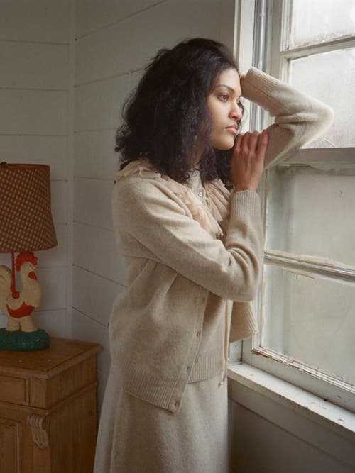 Lingua Franca Ruffle-trim Brushed Wool Cardigan In Linen