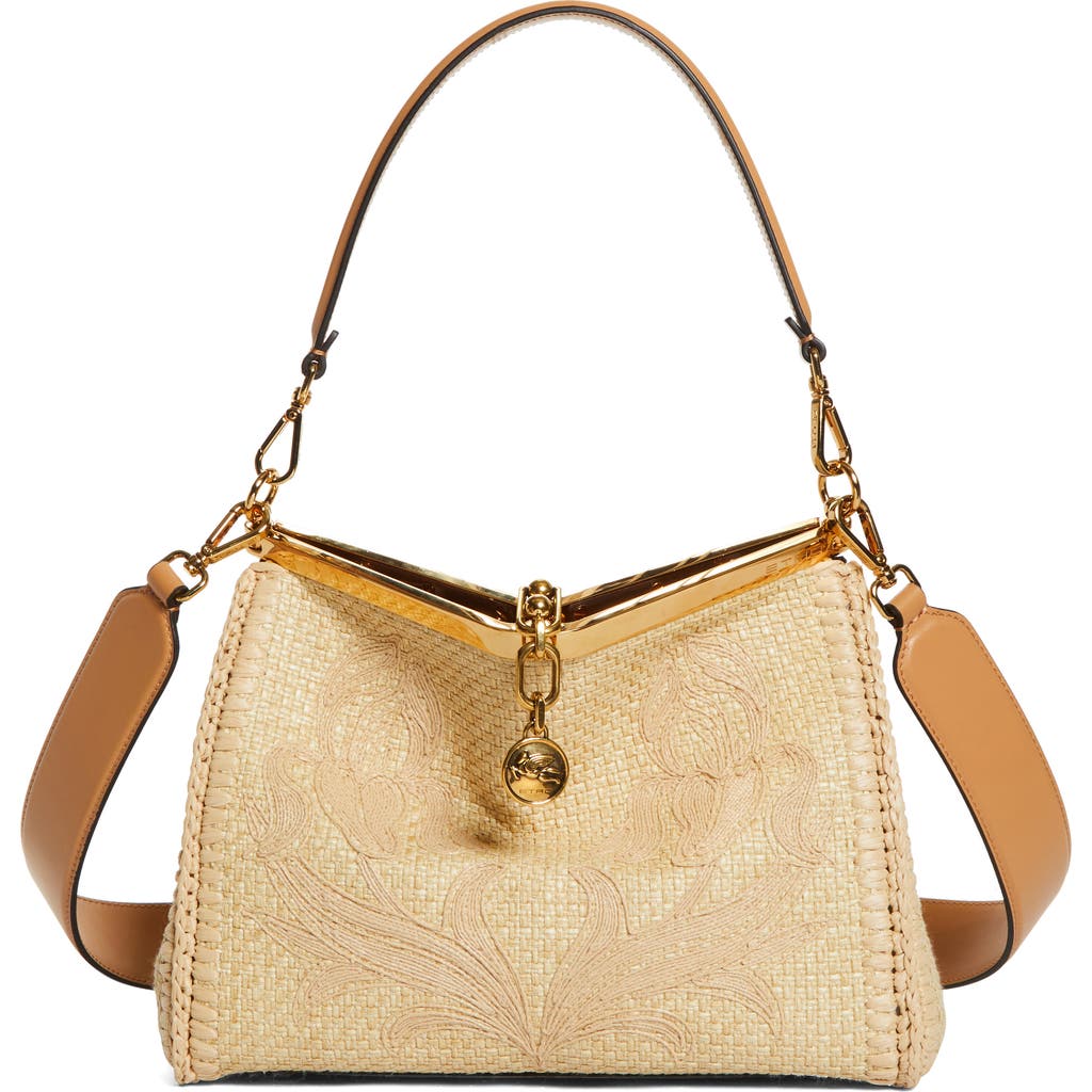 Etro Small Vela Embroidered Raffia Bag In Camel