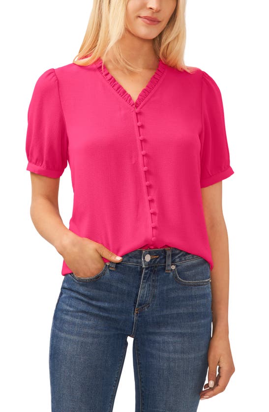Cece Frill V-neck Button-up Blouse In Bright Rose