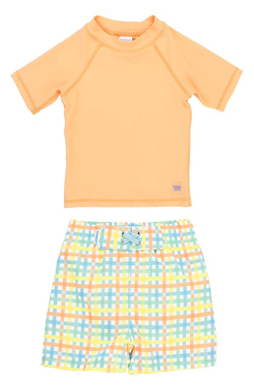 RuggedButts Kids' Melon Gingham Print Two-Piece Rashguard Swimsuit in Orange