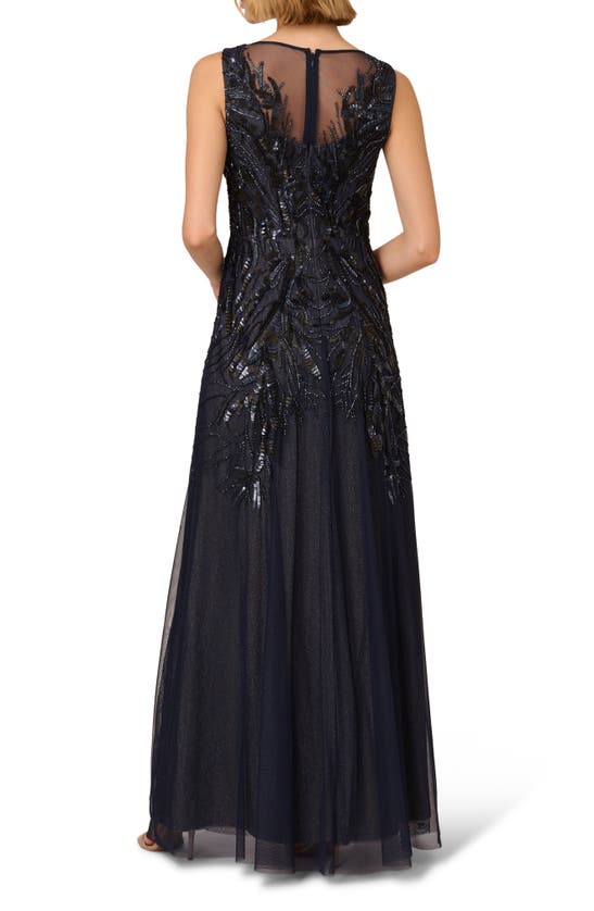 Shop Adrianna Papell Beaded Metallic Sleeveless Mesh Gown In Navy/ Silver