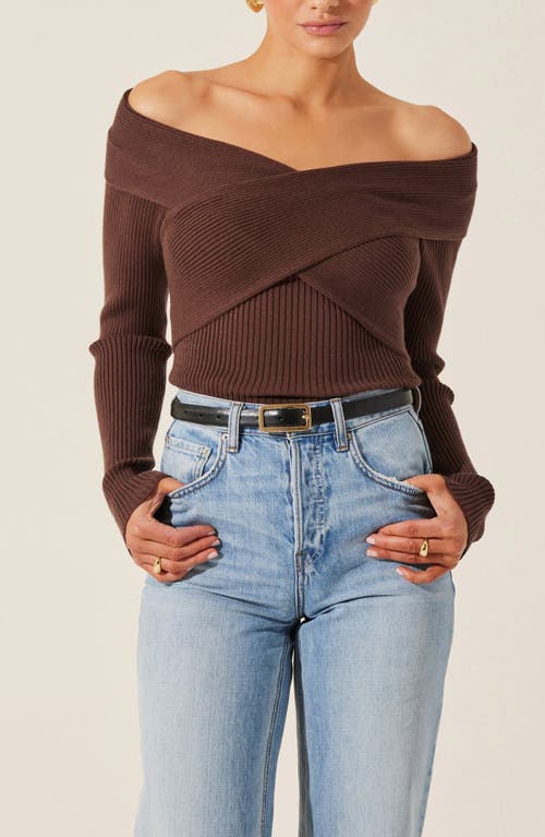 Shop Astr The Label Crossover Off The Shoulder Rib Sweater In Brown