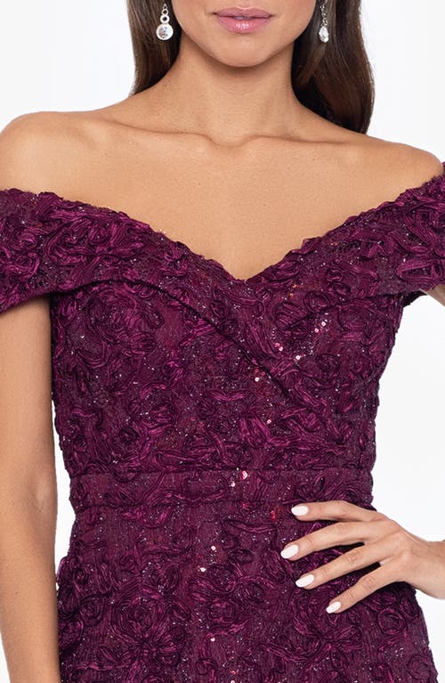 Shop Xscape Evenings Off The Shoulder Embroidered Gown In Wine