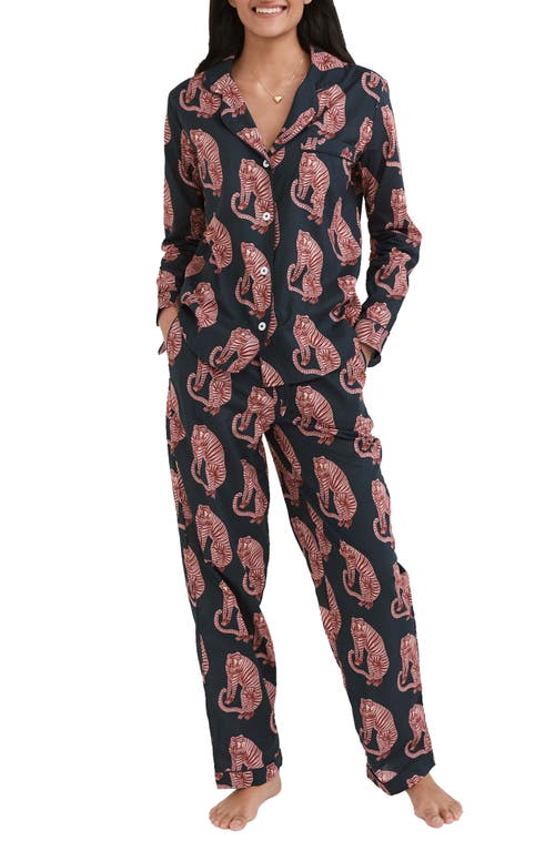 Shop Desmond & Dempsey Long Sleeve Cotton Pajamas In Tiger Navy/pink