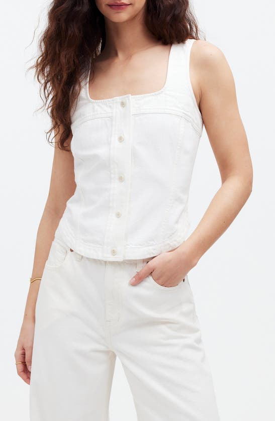 Shop Madewell Sleeveless Denim Button-up Top In Tile White