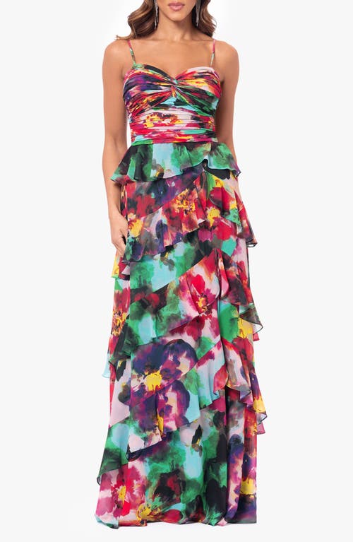 Shop Xscape Evenings Tiered Ruffle Sleevless Gown In Green/multi