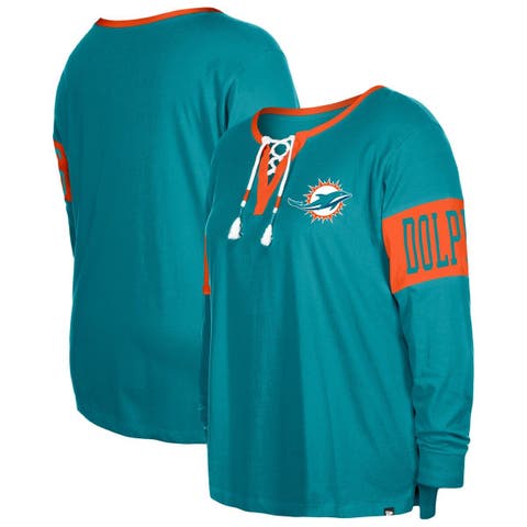 Women's New Era Aqua Miami Dolphins Throwback Raglan Lace-Up T-Shirt