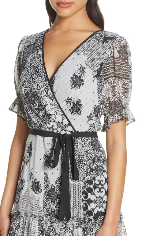 Shop Donna Ricco Mixed Print Metallic Stripe Faux Wrap Dress In Ivory/black