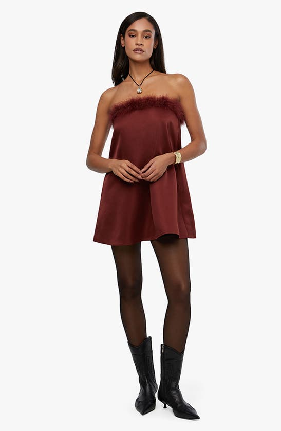 Shop Weworewhat We Wore What Faux Fur Strapless Satin Dress In Brown