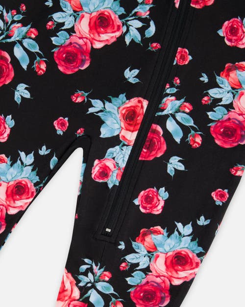 Shop Deux Par Deux Baby Girl's One Piece Thermal Underwear Black Printed Roses