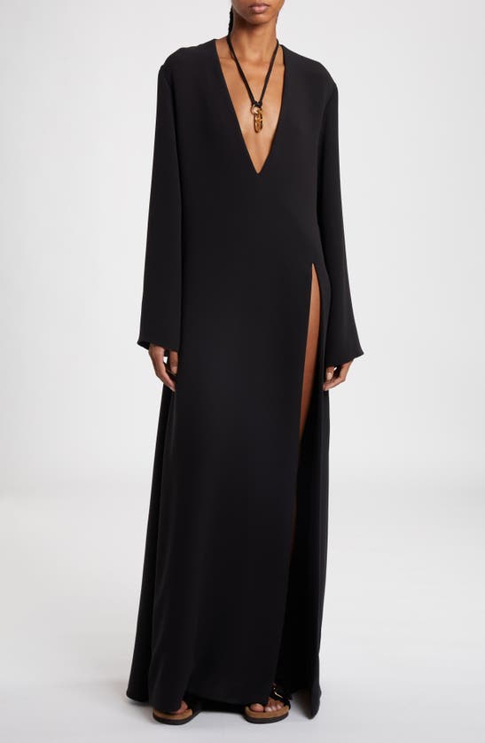 Shop Valentino Plunge Neck Long Sleeve Silk Crepe Gown In Nero