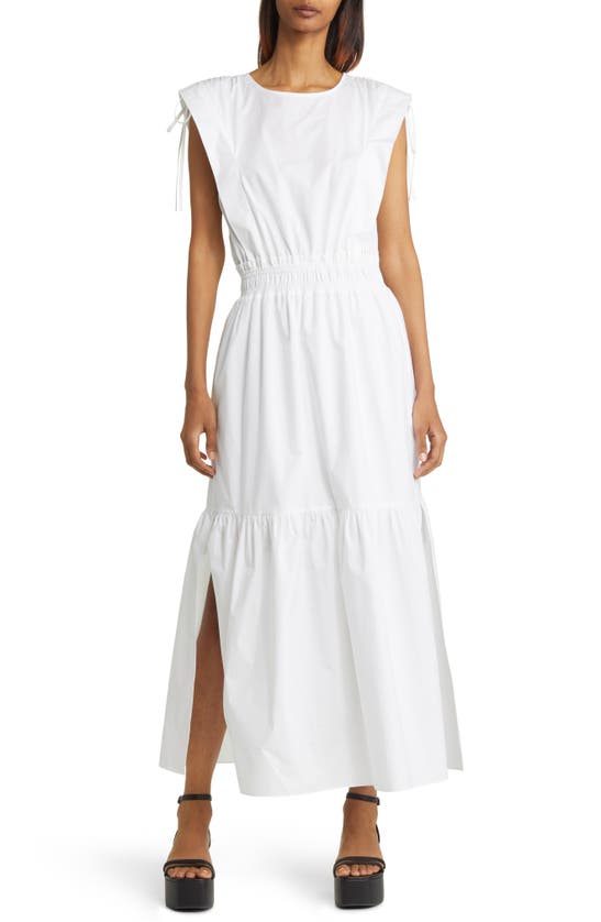 Frame Cotton Cinch-shoulder Midi Dress In Blanc