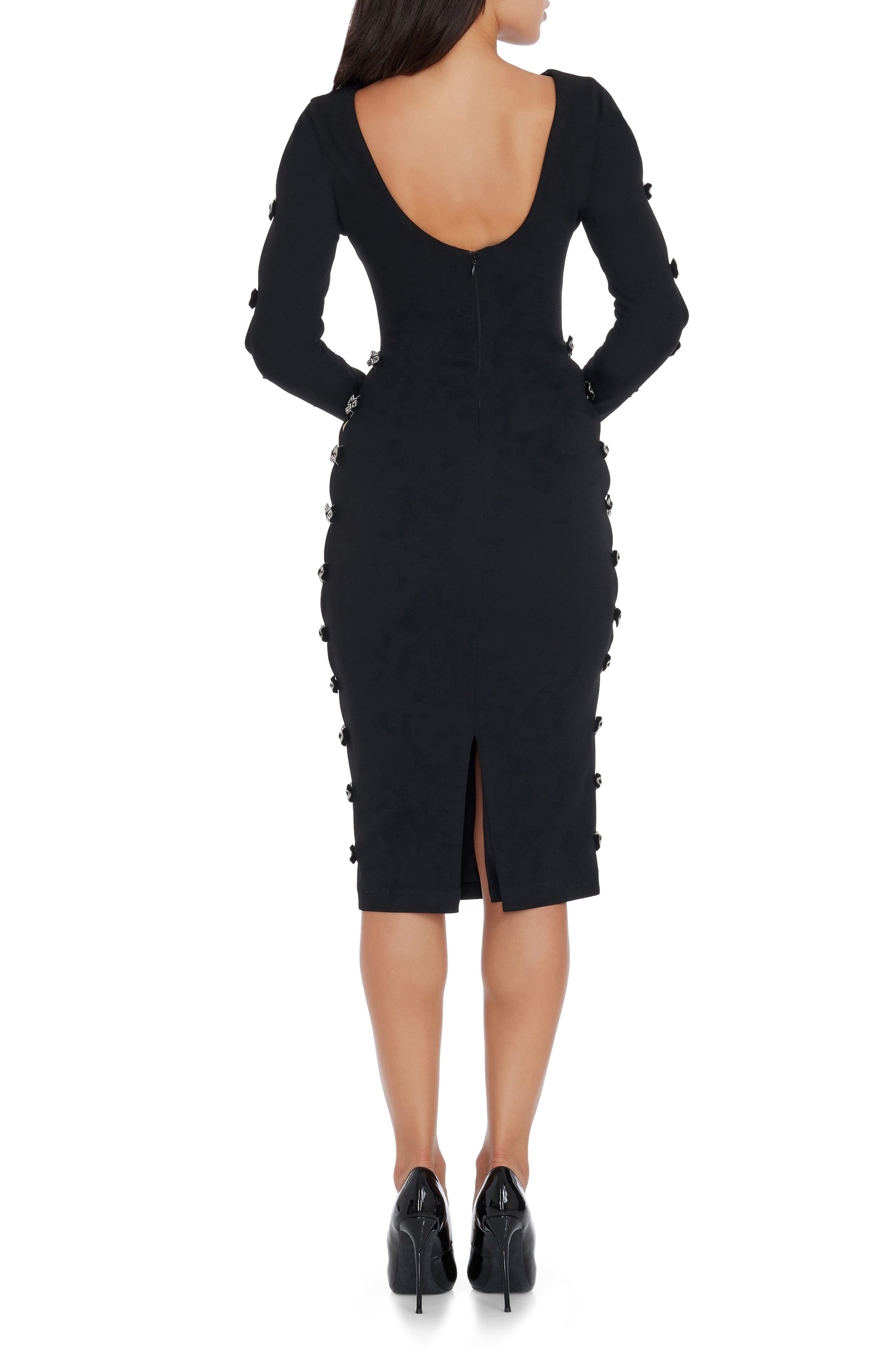 Dress the Population Emery Long Sleeve Bow Detail Cocktail Midi Dress in  Black | Smart Closet