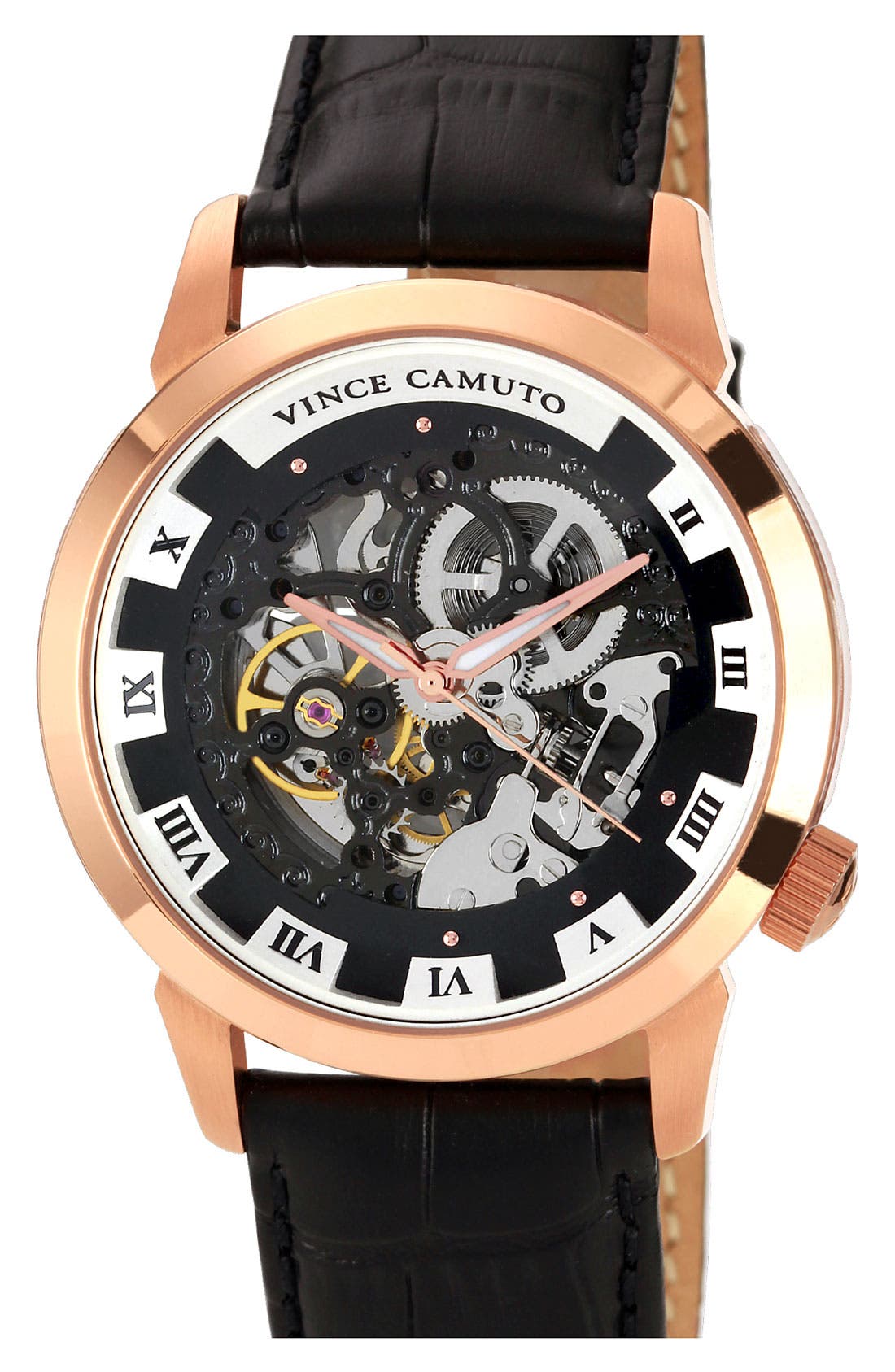 Vince Camuto Round Automatic Leather Strap Watch, 42mm | Nordstrom