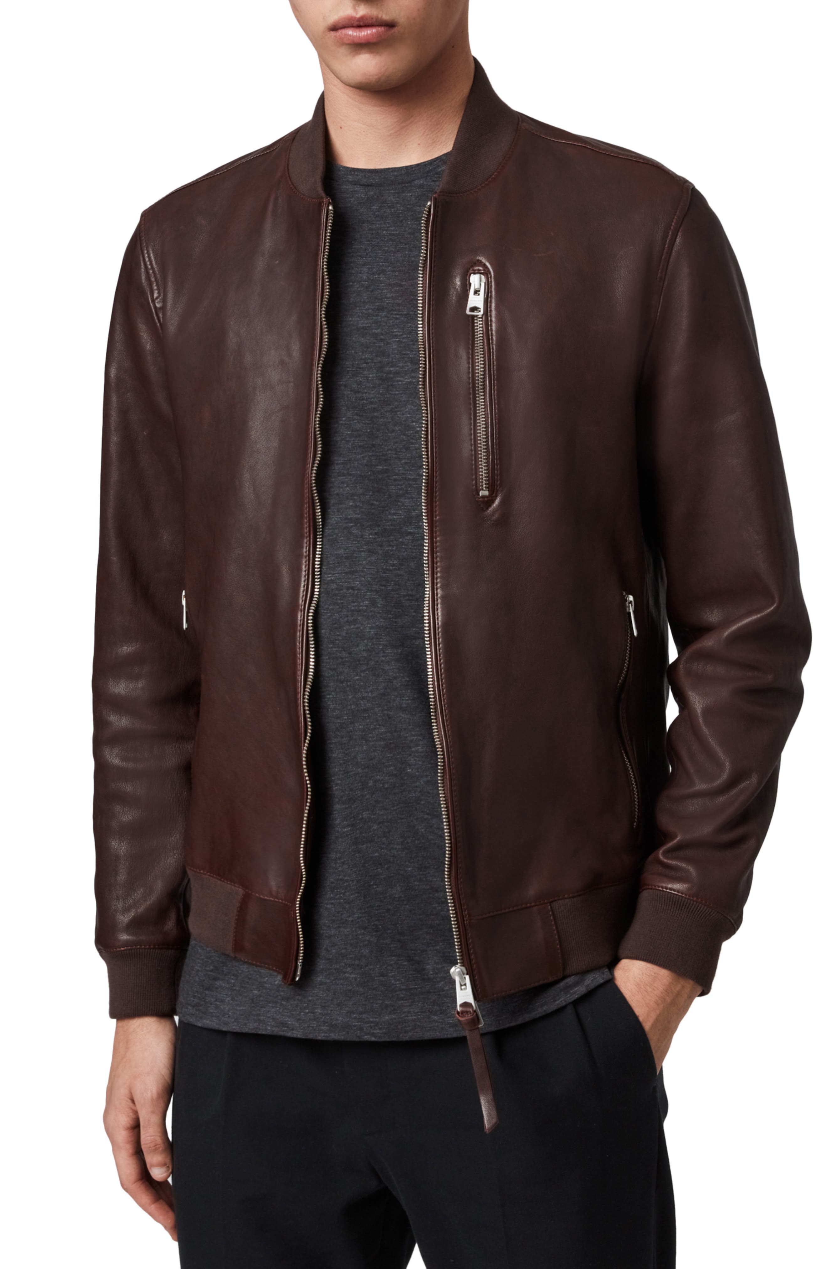 all saints leather bomber jacket