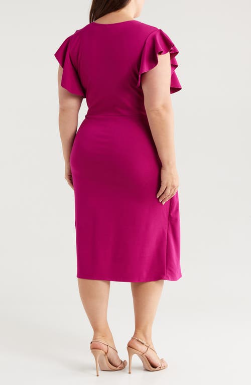 24seven Comfort Apparel Ruffle Sleeve Stretch Faux Wrap Dress In Magenta