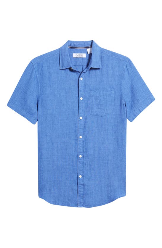 Shop Original Penguin Delave Short Sleeve Linen Button-up Shirt In Star Sapphire