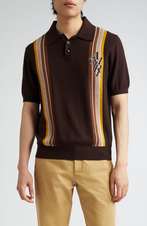 Stacked Logo Stripe Wool & Cotton Polo Sweater in Brown