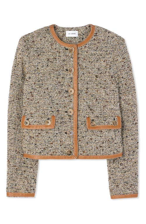 St John St. John Collection Crop Leather Trim Bouclé Tweed Jacket In Camel/ecru Multi