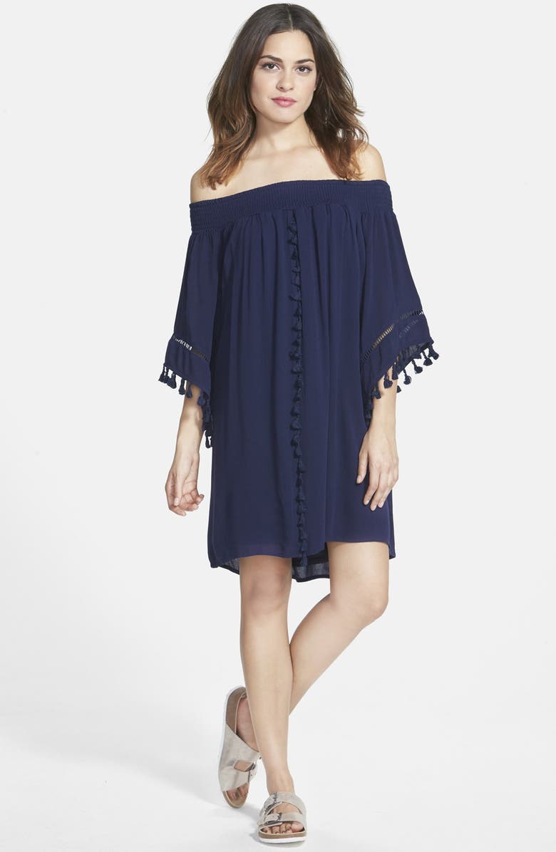 LOVE, FIRE Fire Tassel Trim Off the Shoulder Dress, Main, color, NAVY