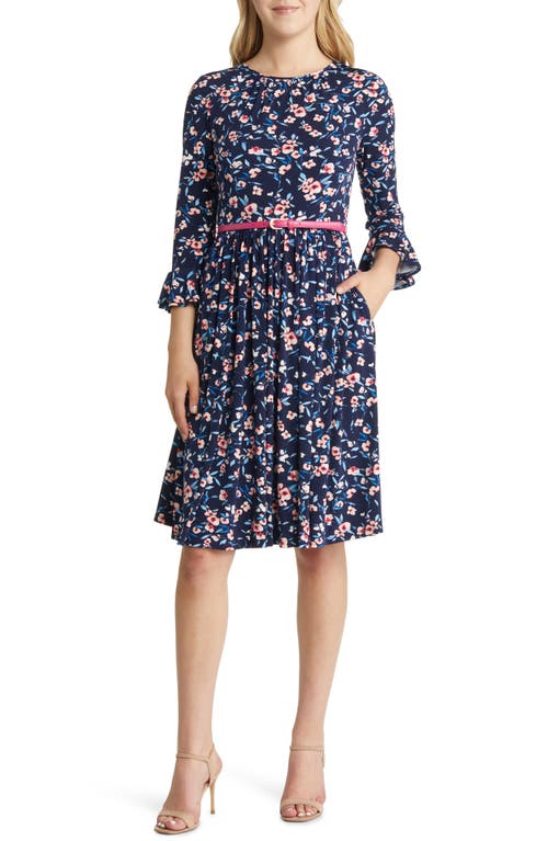 Harper Rose Floral Belted A-Line Dress in Navy