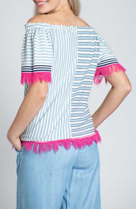 Shop Apny Fringe Multi Stripe Short Sleeve Knit Top In Pink Multi